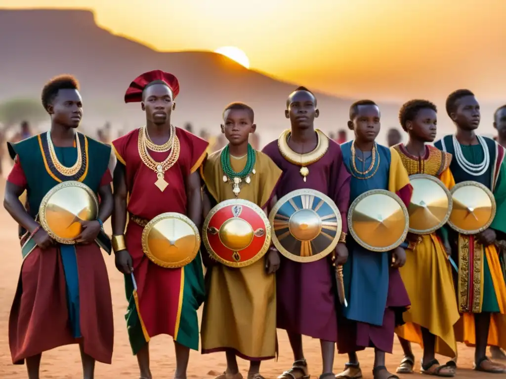 Hombres y niños vistiendo trajes tradicionales africanos con espadas y escudos ornamentados en el festival islámico Ashura en África