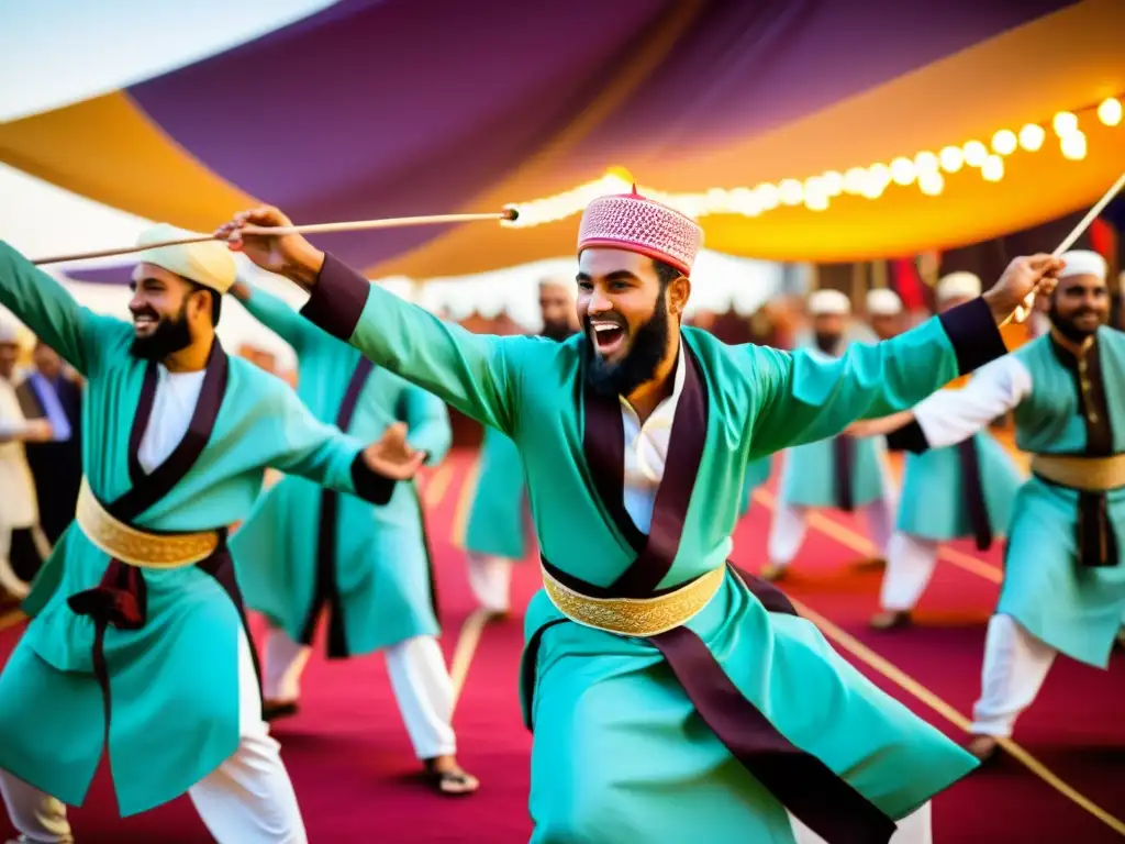 Hombres con vestimenta islámica realizando la danza del Tahtib en un evento festivo