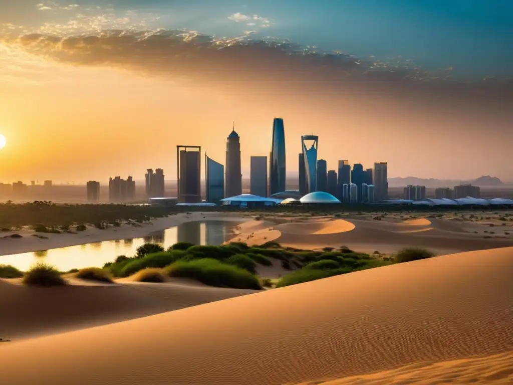 Un horizonte de ciudad moderna bulliciosa se alza sobre el desierto, con rascacielos reflectando el atardecer dorado