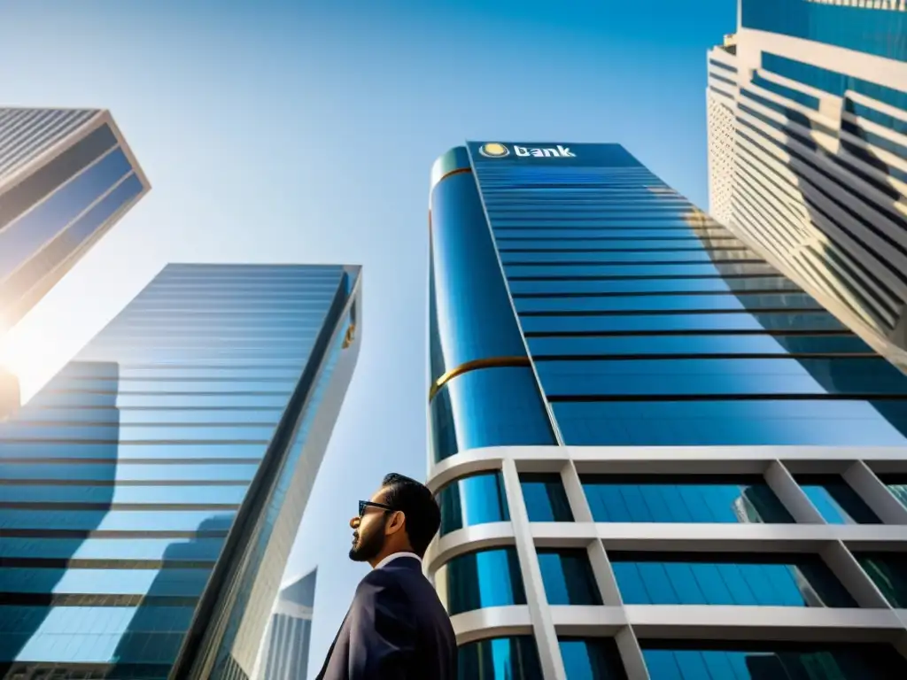 Un horizonte urbano moderno con un banco islámico destacado que fusiona elementos tradicionales con tecnología de vanguardia