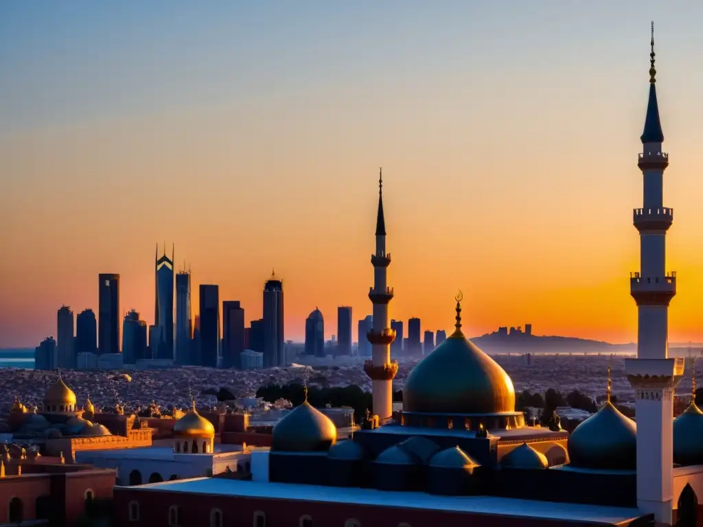 Horizonte urbano con rascacielos modernos y minaretes islámicos, bañados por la cálida luz del atardecer