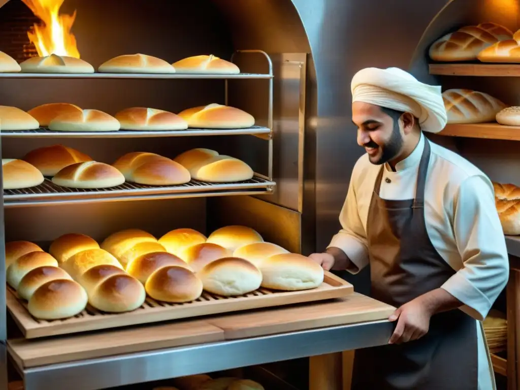 Un horno islámico artesanal ilumina una panadería llena de variedades de pan, creando una escena culturalmente rica