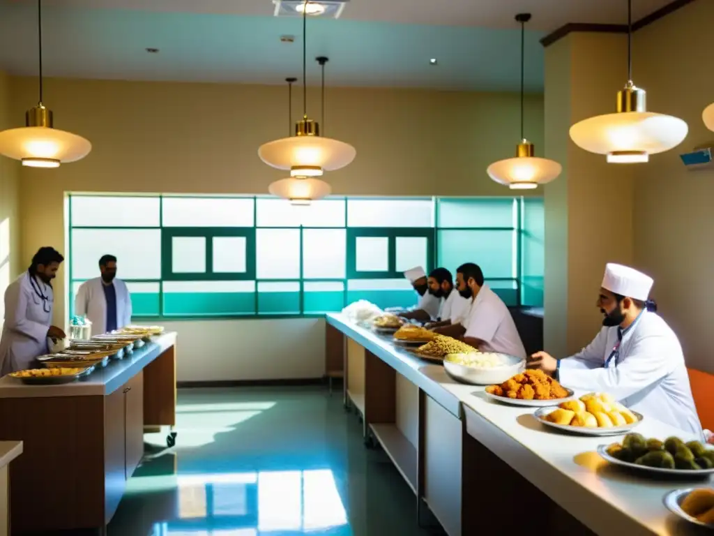 Un hospital bullicioso durante Ramadan, con personal médico atendiendo a pacientes y preparando un iftar tradicional