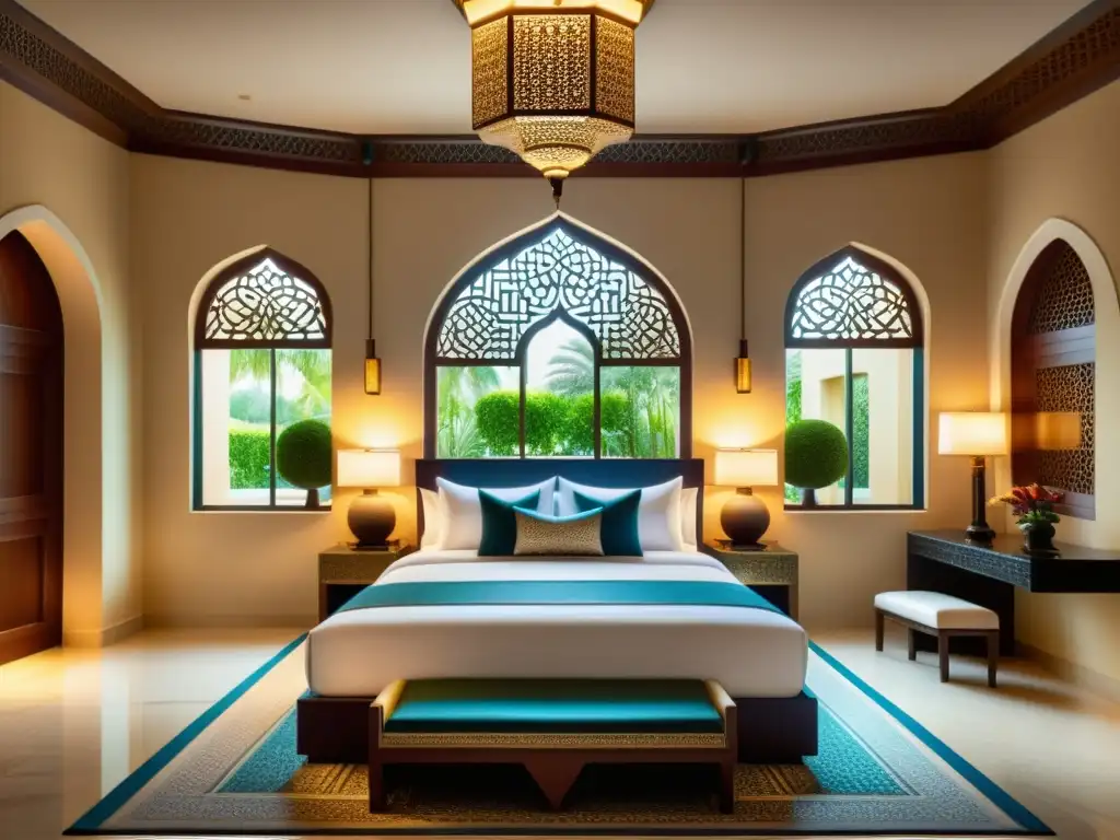 Habitación de hotel de lujo con decoración inspirada en el Islam, perfecta para Hoteles Halal para turismo religioso