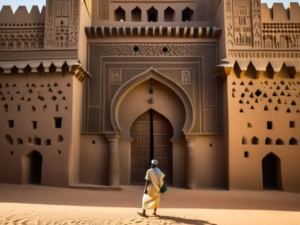 La icónica Gran Mezquita de Djenné en Mali, con su estructura de adobe, minaretes imponentes y puertas ornamentadas