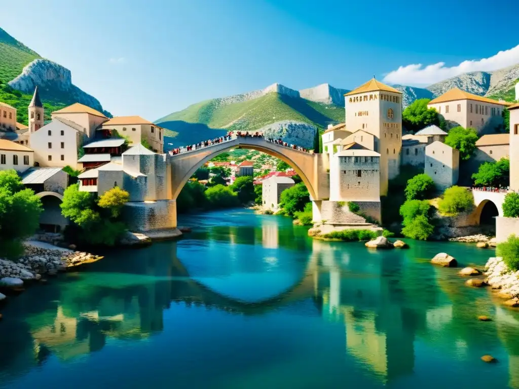 El icónico Puente de Mostar en Bosnia y Herzegovina, reflejo del legado islámico en conflictos balcánicos, con su elegante diseño arqueado y las serenas aguas del río Neretva debajo, bañado por la cálida luz del sol