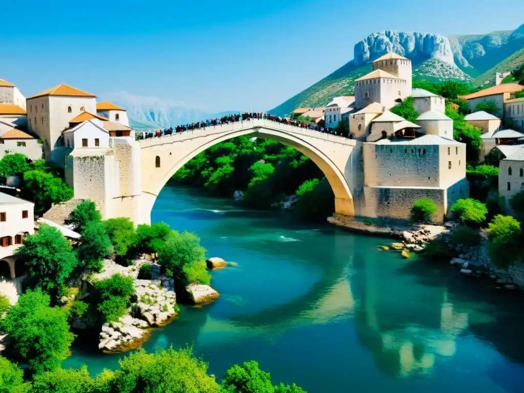 El icónico puente Stari Most en Mostar, Bosnia y Herzegovina, con su elegante estructura arqueada y aguas cristalinas del río Neretva