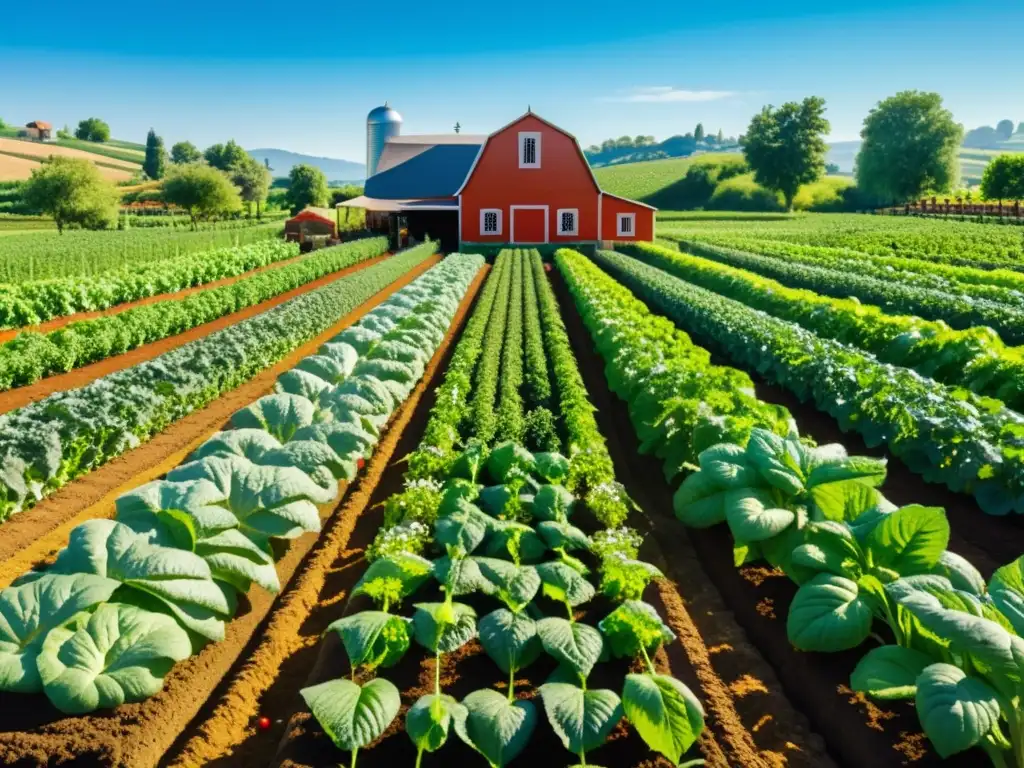 Un idílico paisaje de una granja orgánica con cultivos ordenados y una casa de campo islámica rodeada de árboles frutales