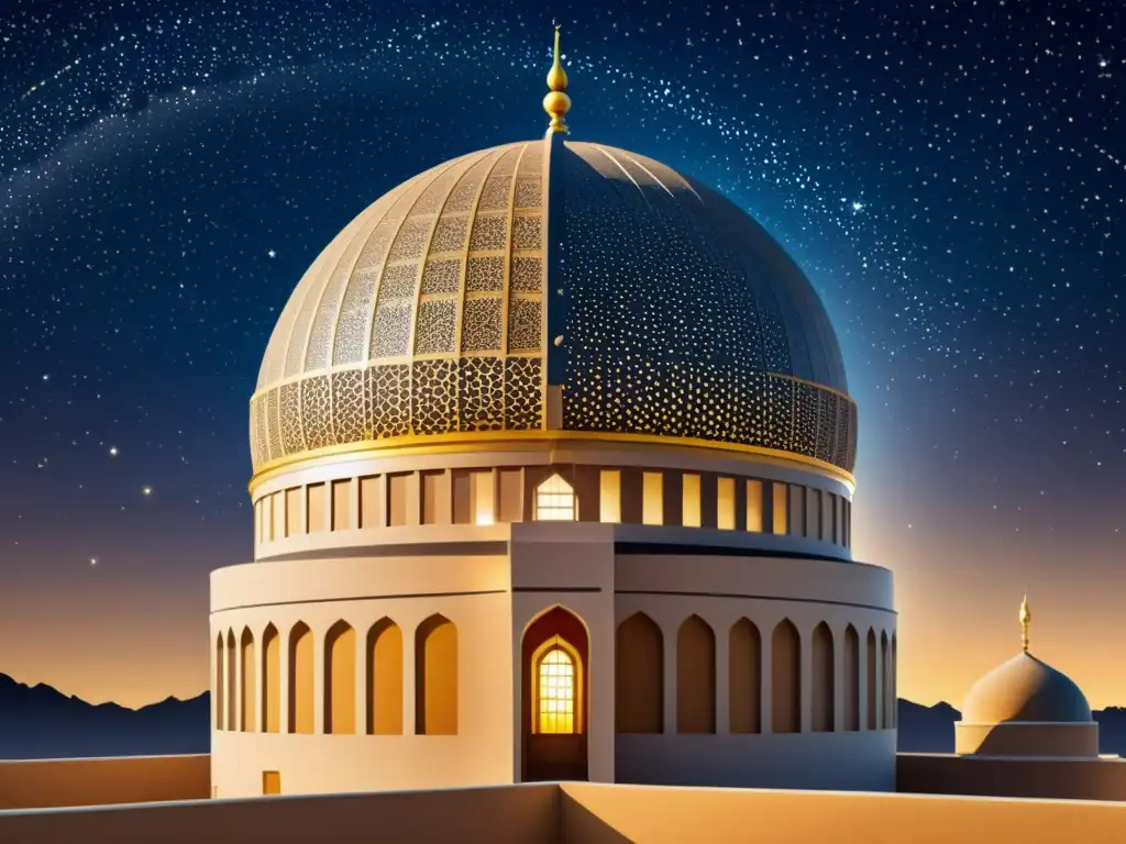 Una ilustración detallada de un antiguo observatorio islámico contra un cielo estrellado