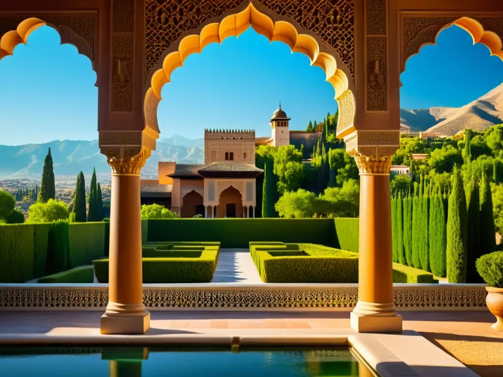 Una ilustración detallada de la Alhambra en Granada, con sus palacios y montañas, explorando historia islámica, dinastías y conquistas