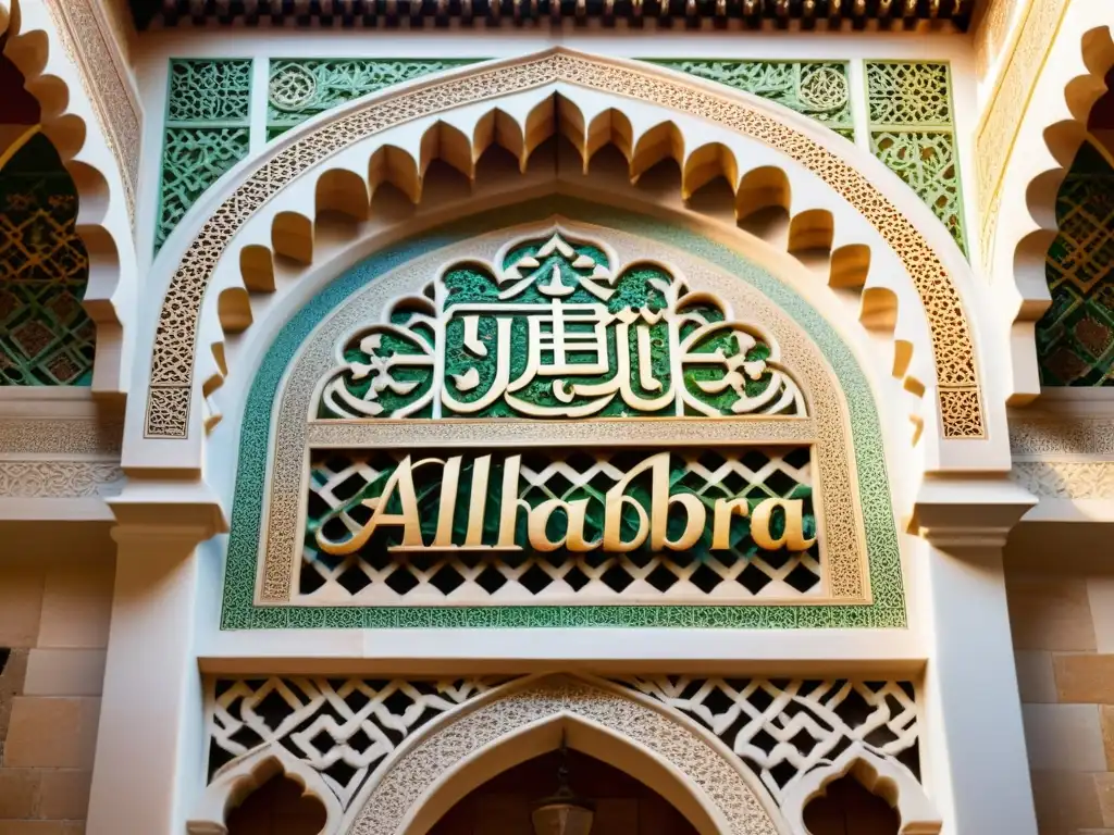 Una ilustración detallada y realista de la Alhambra en Granada, España, con sus arcos icónicos y caligrafía árabe