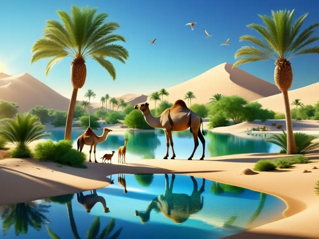 Una ilustración detallada y serena de un oasis en el desierto, donde los animales coexisten en armonía, reflejando la ética animal en el Islam