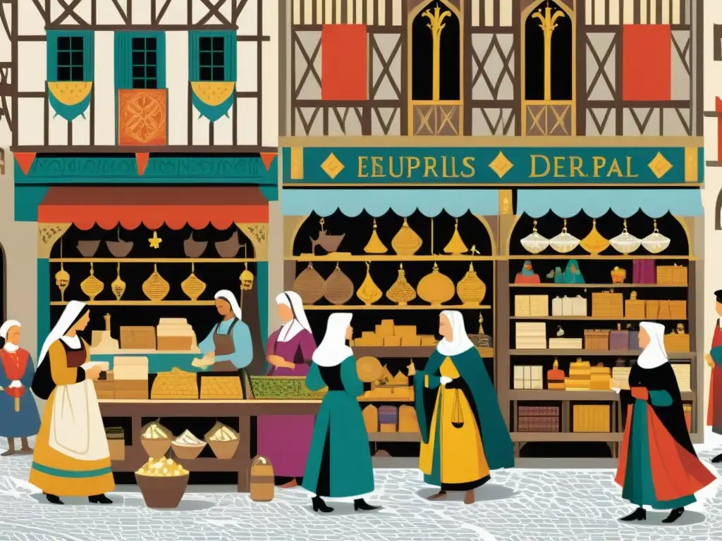 Una ilustración detallada y vibrante de un bullicioso mercado medieval europeo, donde mujeres de diversas culturas participan activamente en intercambios comerciales, debates académicos y reuniones comunitarias, reflejando la participación de mujeres en el Islam medieval