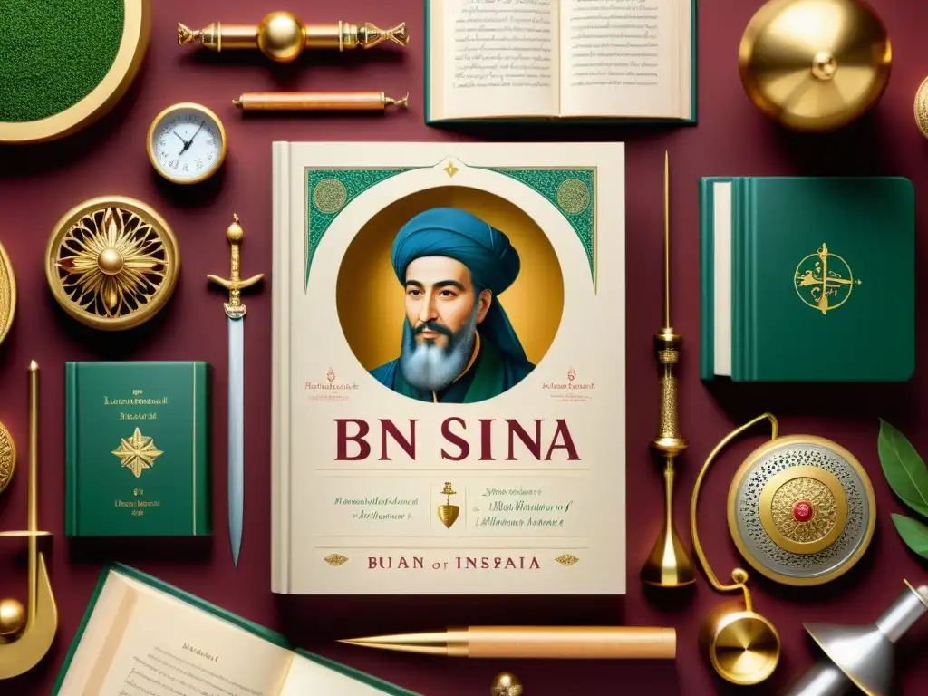 Una ilustración fotorrealista detallada de Ibn Sina rodeado de instrumentos médicos y libros, irradiando sabiduría y experiencia