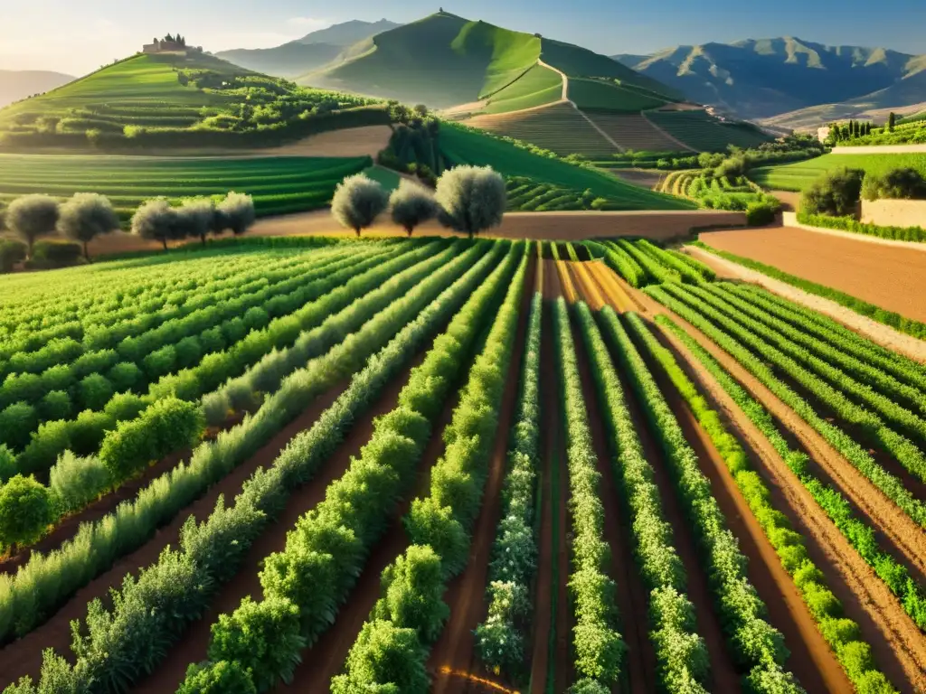 Una ilustración fotorrealista de un exuberante paisaje agrícola en al-Ándalus, con sistemas de riego, cultivos y una cálida luz dorada