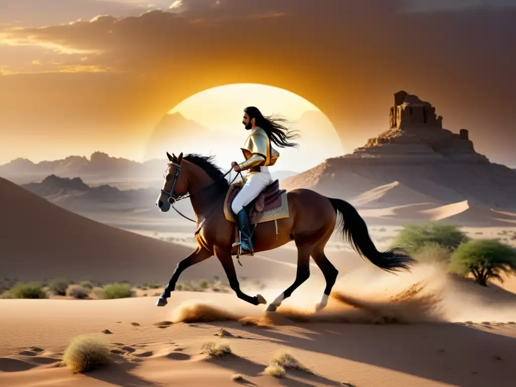 Una ilustración fotorrealista de un majestuoso caballo árabe galopando en un desierto dorado al atardecer, con la silueta de un héroe montando el caballo, envuelto en túnicas y sosteniendo una espada reluciente en alto