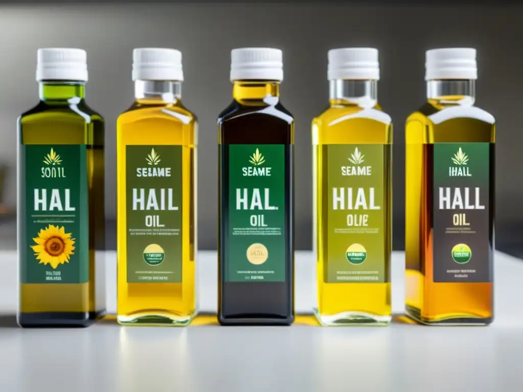 Una imagen de aceites halal en una cocina moderna, resaltando los colores y texturas, transmitiendo sofisticación culinaria y autenticidad cultural