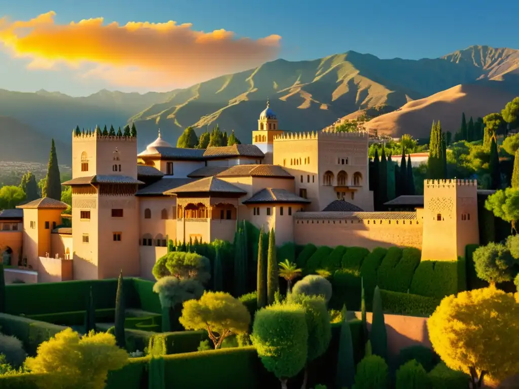 La imagen muestra la Alhambra al atardecer, con una luz cálida y vibrante