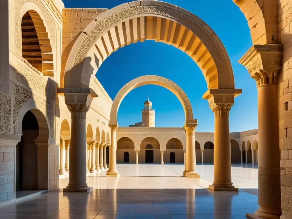 Imagen de la antigua Gran Mezquita de Kairouan en Túnez, con sus detallados patrones geométricos y su minarete, bajo un cielo azul