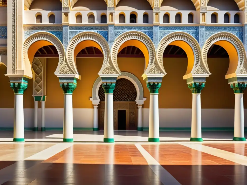 Imagen del apogeo cultural de Córdoba, con la construcción detallada de la Mezquita-Catedral y la actividad bulliciosa de trabajadores y arquitectos