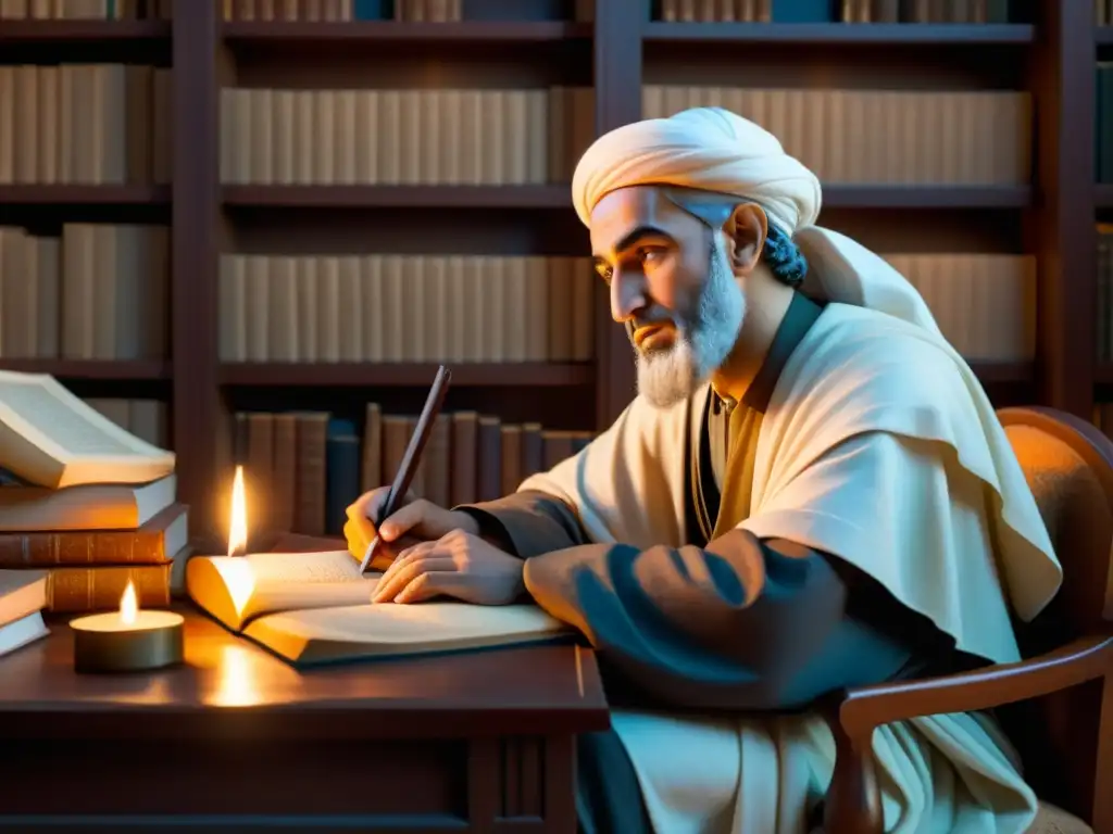 Imagen de Ibn Rushd (Averroes) en su estudio, inmerso en el análisis de la armonía entre Islam y razón