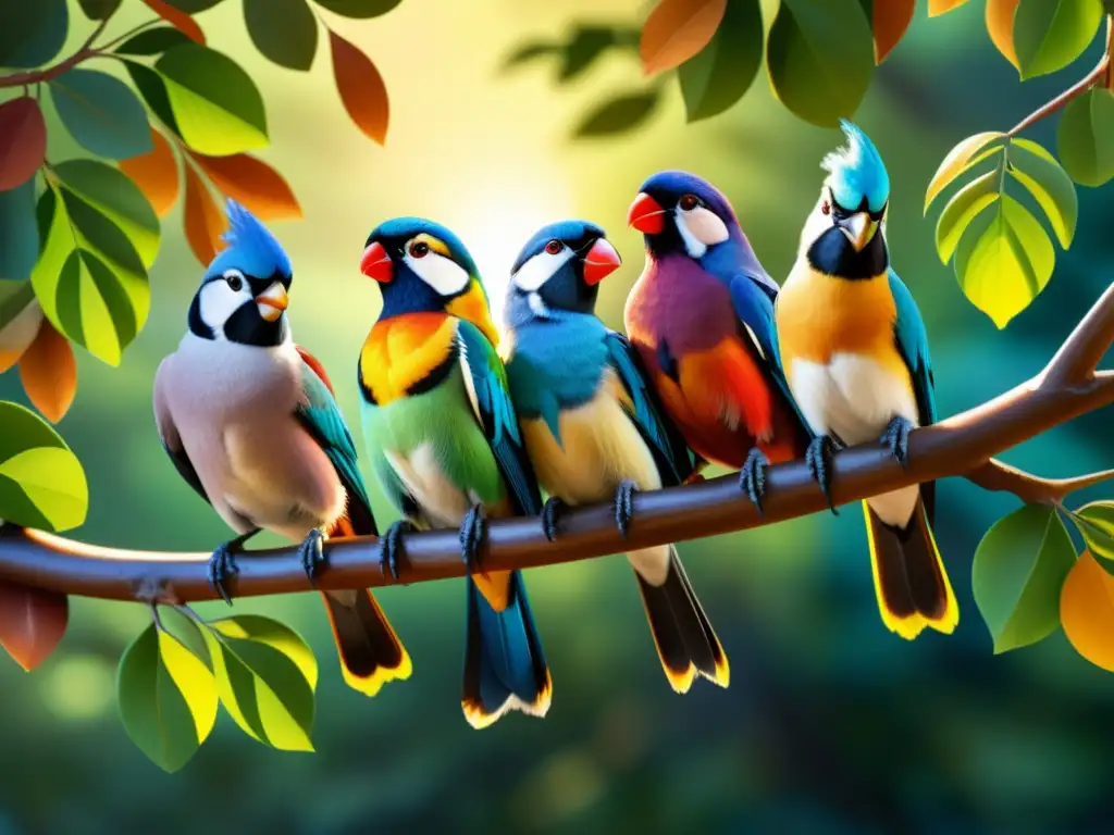 Una imagen de una bandada de pájaros coloridos posados en una rama, con plumajes vibrantes y detallados