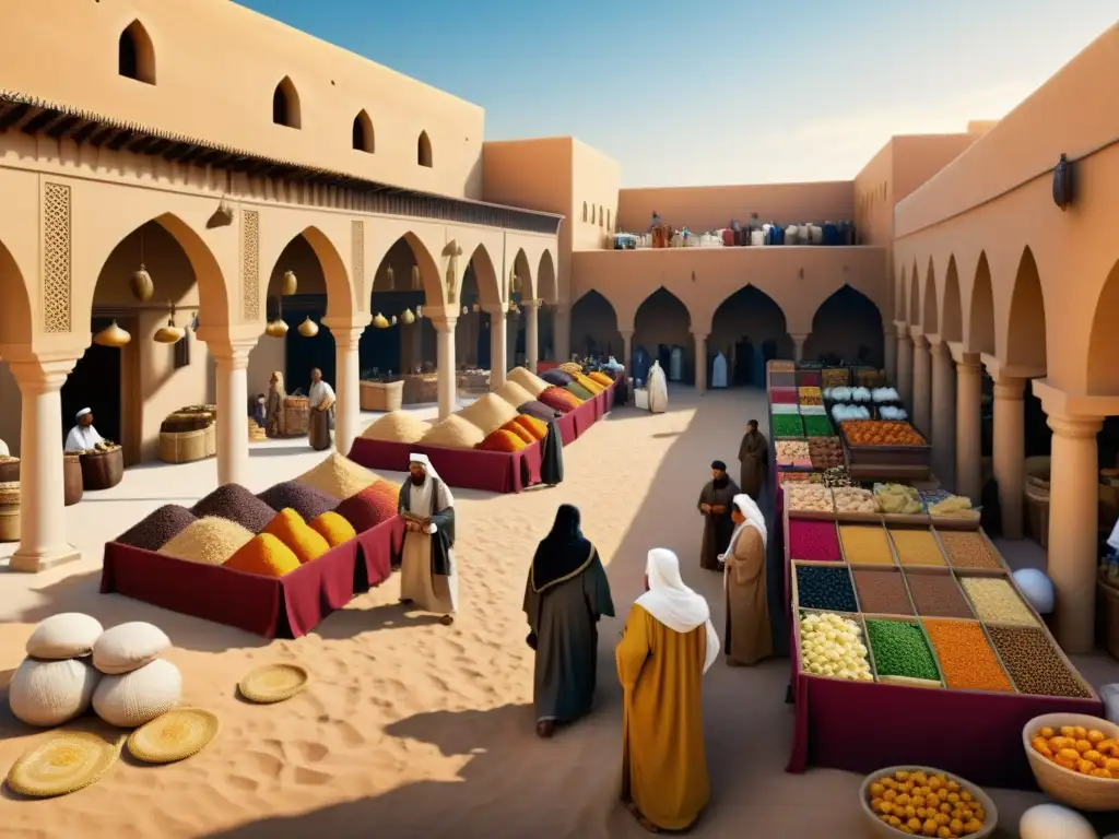 Imagen de un bullicioso mercado en la antigua Arabia con detalles históricos y evolución de la Abaya islámica