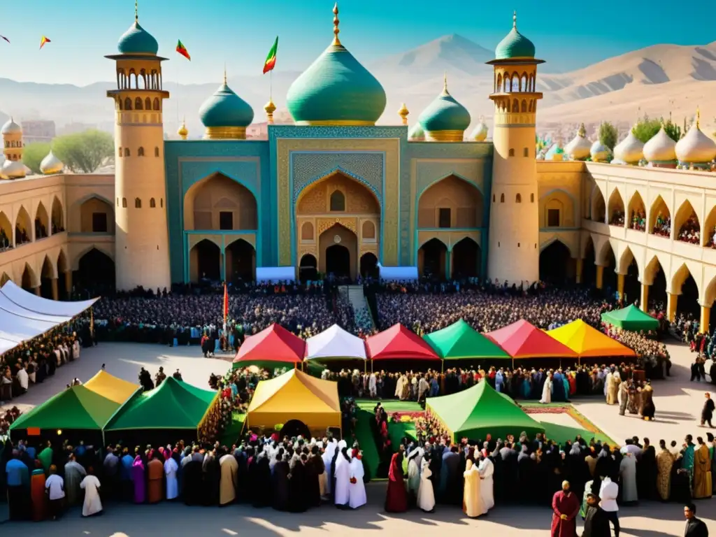 Imagen de celebración Nowruz en país islámico con vibrante fusión de tradiciones, música, baile y colorida arquitectura