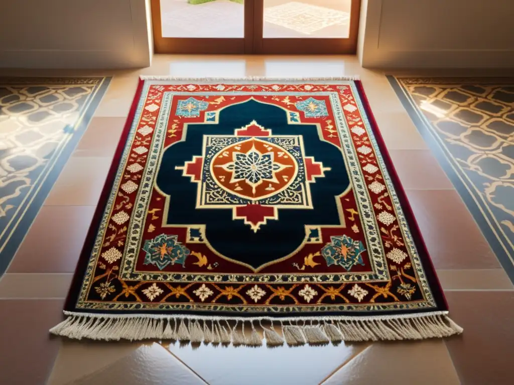 Una imagen detallada de una alfombra de oración islámica en un suelo decorado, iluminada por la suave luz del sol