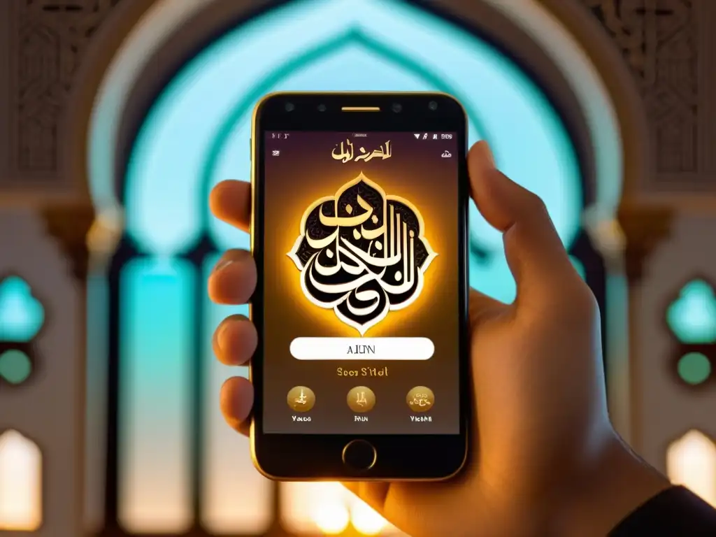 Imagen detallada de una app de oración musulmana con funcionalidades únicas, rodeada de serenidad e intrincados diseños islámicos