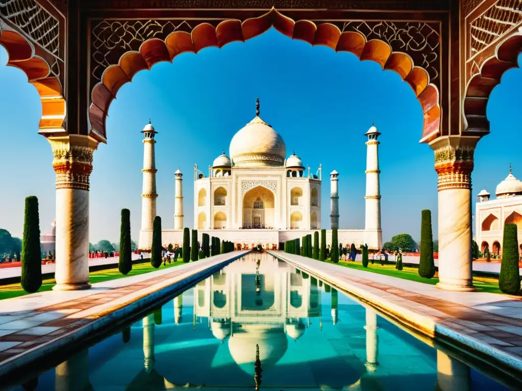 Imagen detallada del Taj Mahal, con su arquitectura simétrica y mármol blanco, resaltando el arte islámico del subcontinente indio