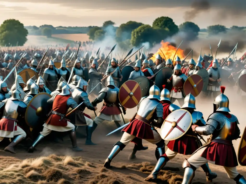 Imagen detallada de la Batalla de Poitiers 732 en Europa, con choque entre fuerzas francas e islámicas, armaduras y paisaje medieval dramático