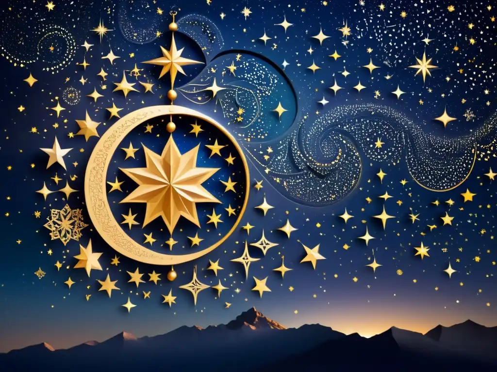 Imagen detallada de un cielo estrellado con nombres árabes de estrellas en caligrafía, mostrando la conexión entre cultura árabe y cosmos