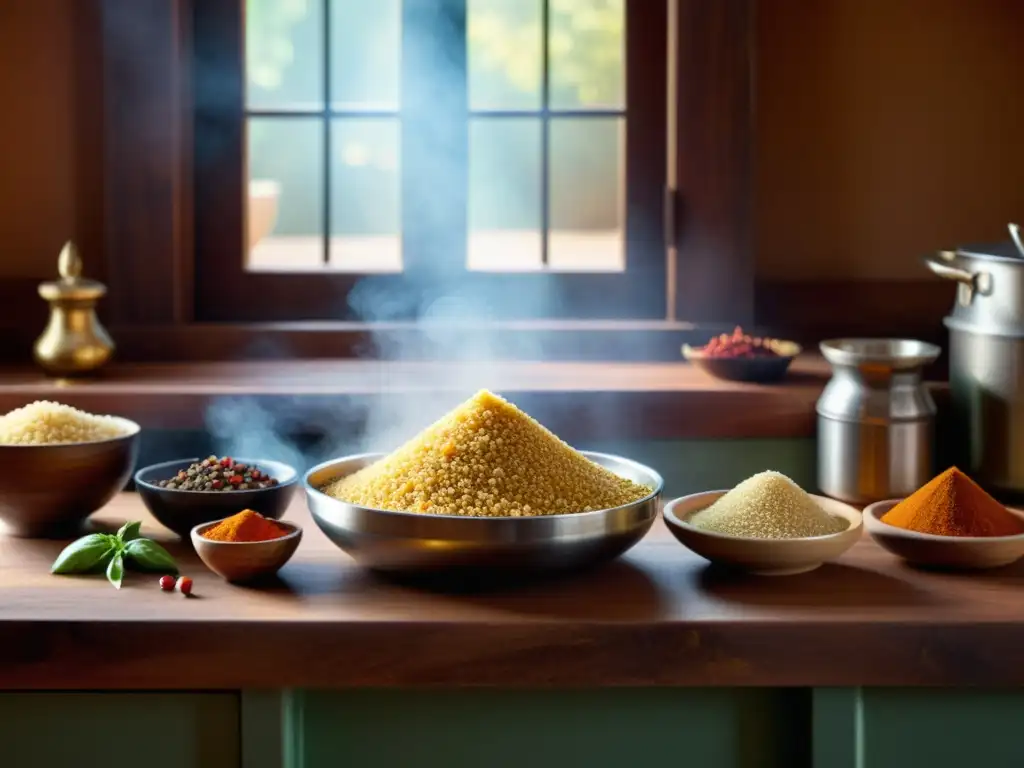 Una imagen detallada de una cocina tradicional india con un vaporoso plato de couscous rodeado de especias vibrantes y ingredientes