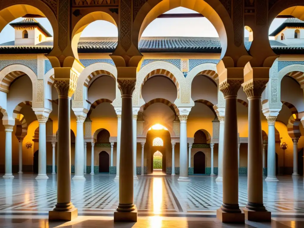 Una imagen detallada de la Gran Mezquita de Córdoba, con sus arcos de doble nivel, patrones geométricos y cálida luz solar