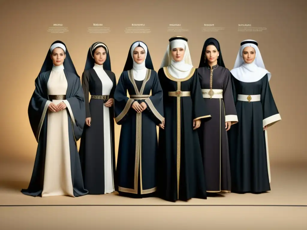 Una imagen detallada muestra la evolución histórica de la Abaya islámica a través de distintas dinastías, destacando su elegancia y significado cultural