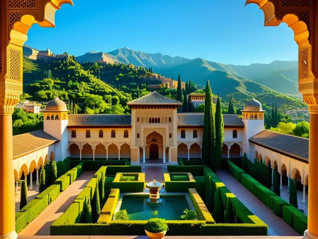 Imagen detallada de la majestuosa Alhambra en Granada, con sus arcos, azulejos y jardines, resaltando la arquitectura islámica califal