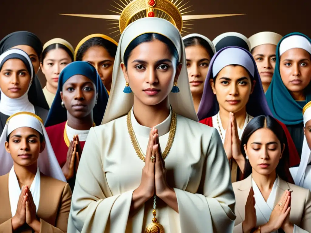 Imagen detallada de mujeres en liderazgo religioso, con atuendos y símbolos culturales diversos, mostrando su influencia y sabiduría