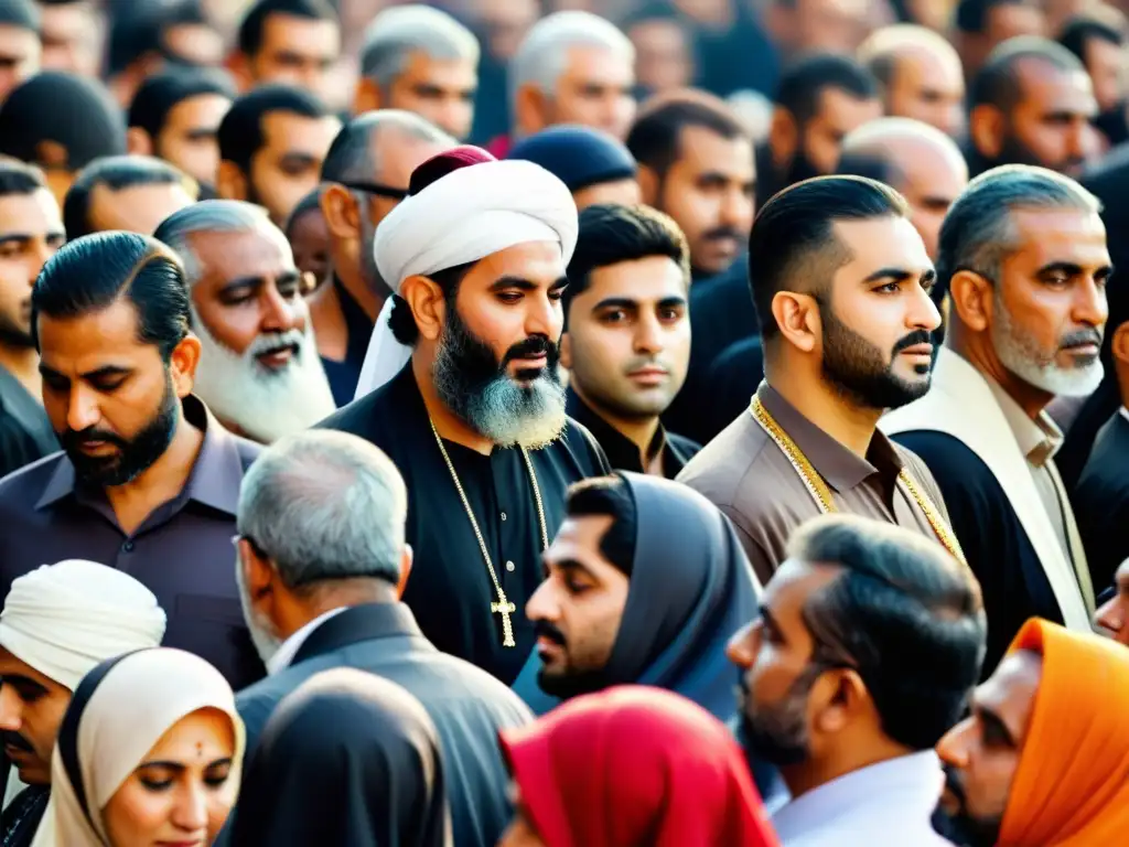 Imagen detallada de musulmanes chiítas y sunitas uniéndose en la festividad Ashura Islam chiíta, demostrando diversidad y unidad espiritual