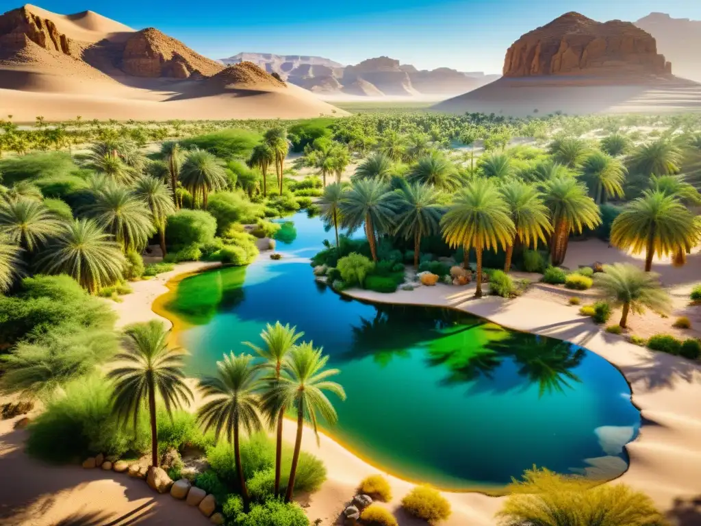 Imagen detallada de un oasis en el desierto, con biodiversidad vibrante y exuberante, destacando la conservación de la biodiversidad Corán Sunnah