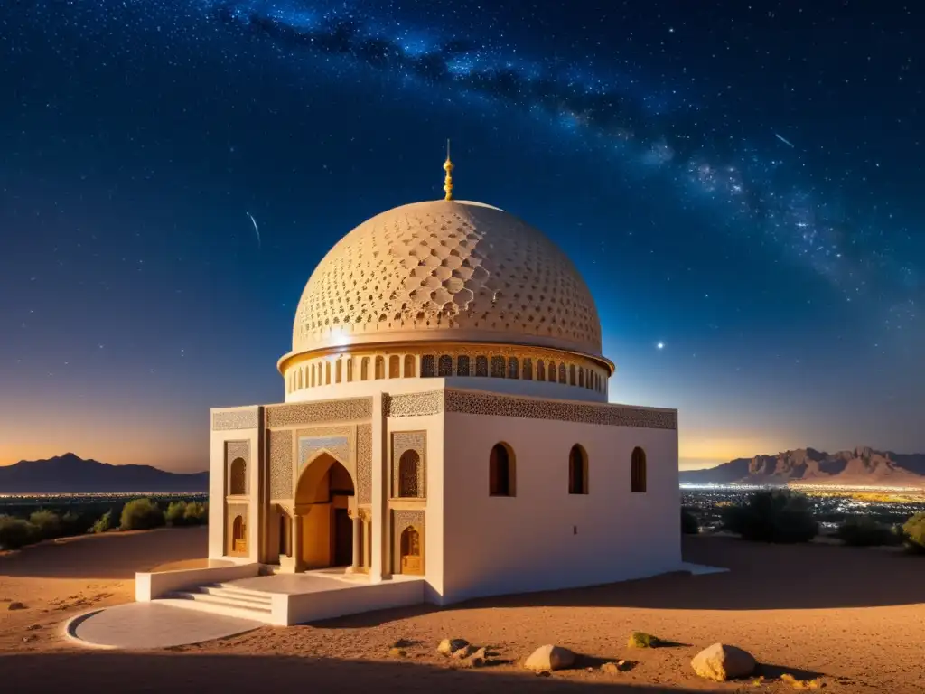 Una imagen detallada de un observatorio árabe antiguo, con astrónomos estudiando el cosmos bajo un cielo estrellado