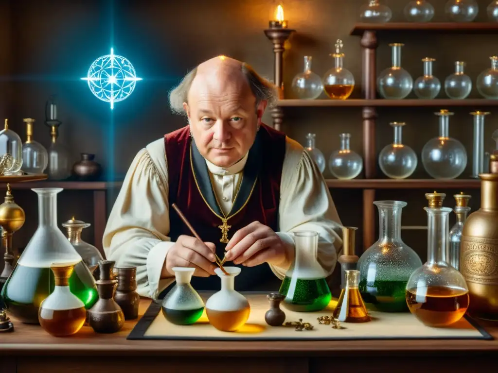 Imagen detallada de Paracelsus en su laboratorio, realizando experimentos de química islámica alquimistas europeos con concentración y maestría