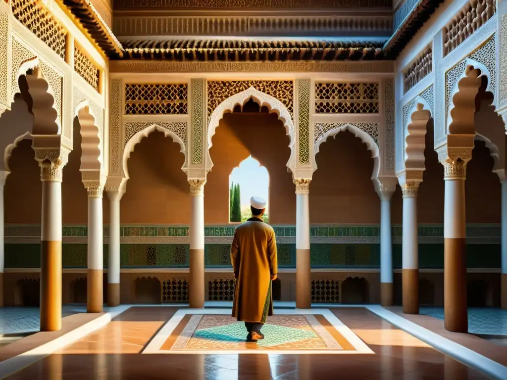 Una imagen detallada de la Alhambra en Granada, España, muestra los patrones geométricos islámicos y la influencia islámica en el arte europeo