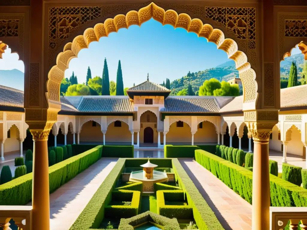 Imagen detallada de los jardines reales de la época dorada del Islam en la Alhambra, con patrones geométricos y exuberante vegetación vibrante