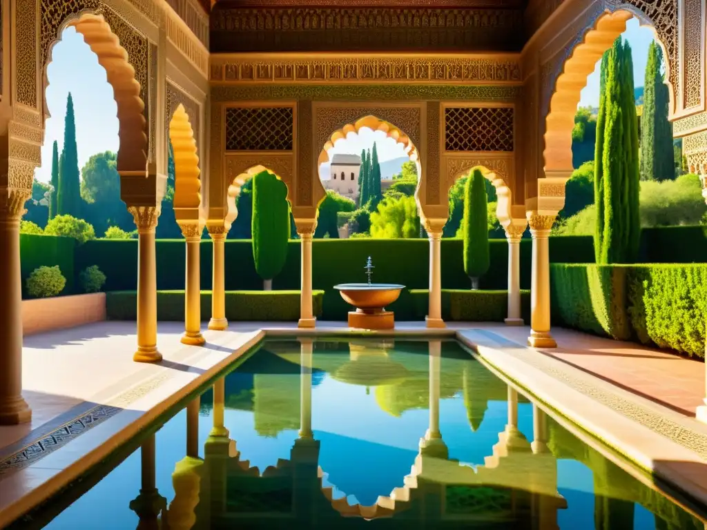 Imagen detallada y realista de la Alhambra en Granada, mostrando la convivencia de las tres culturas en la arquitectura y jardines exuberantes