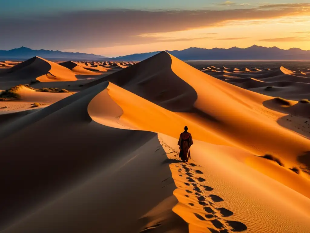 Una imagen detallada y realista de un paisaje desértico sereno al atardecer con dunas de arena y un cielo colorido