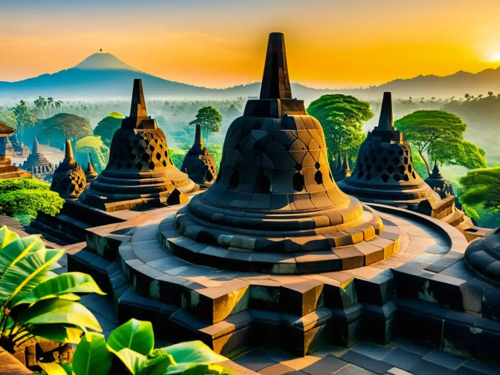 Imagen detallada del Templo Borobudur al amanecer, mostrando su rica arquitectura y sincretismo cultural budista-javanés en Indonesia