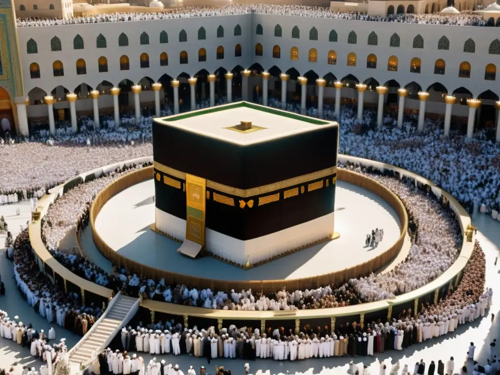 La imagen muestra el detalle de la Kaaba en La Meca durante el Hajj, con peregrinos y paisaje