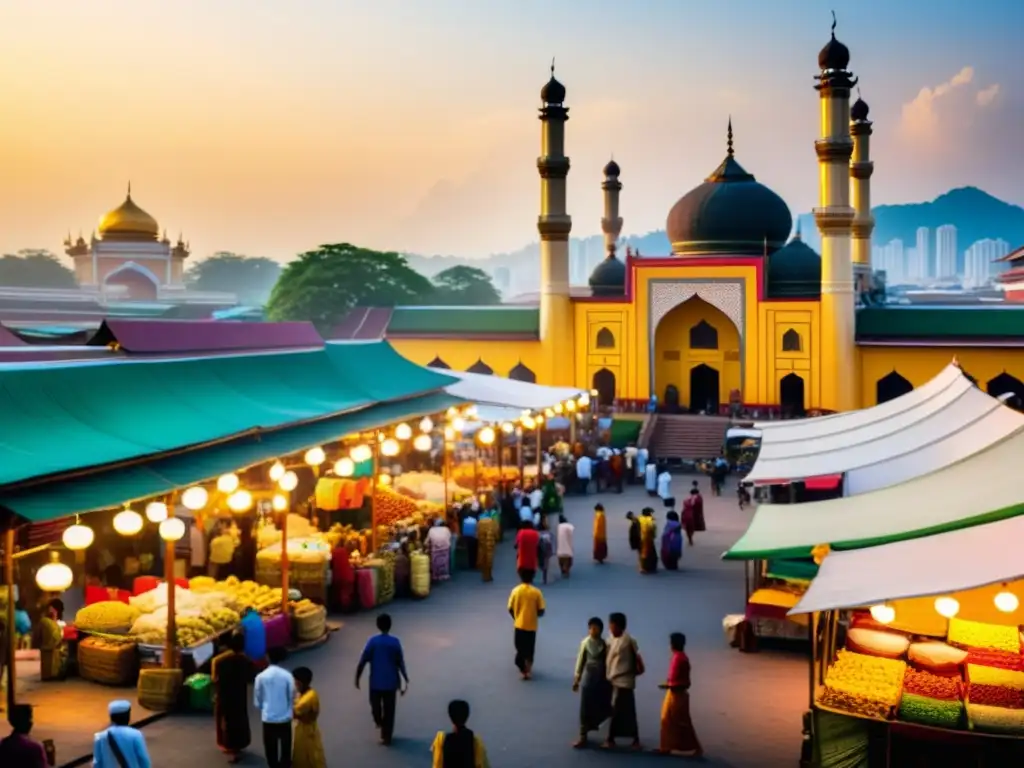 La imagen muestra una escena vibrante de mercado en una ciudad del sudeste asiático, con diversidad cultural y religiosa