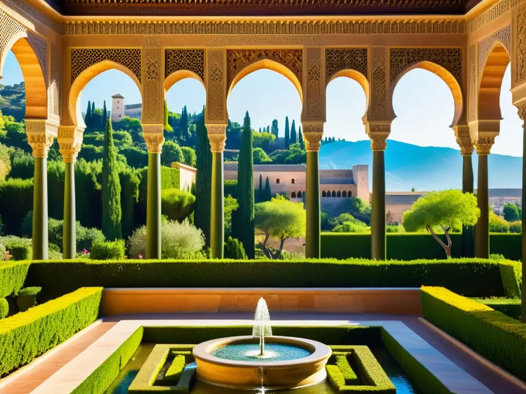 Imagen del esplendor de Al-Ándalus España musulmana: la Alhambra con sus detalles arquitectónicos, jardines exuberantes y cielo azul